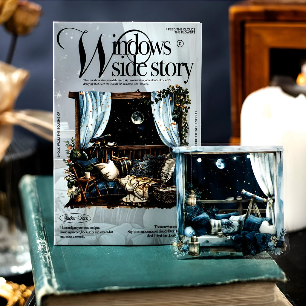 Set of six retro-style window scene decorative journal stickers on a sheet.