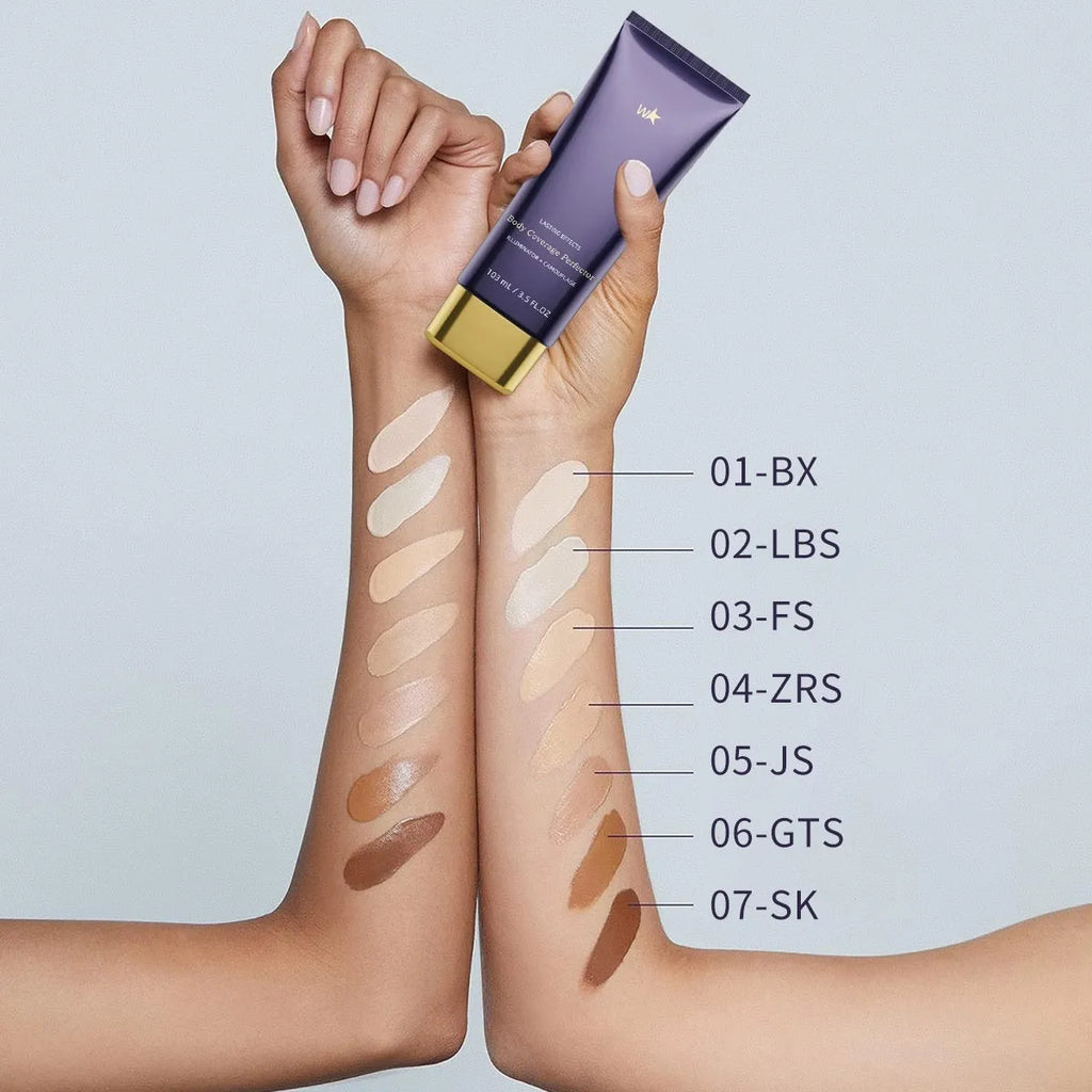 Waterproof body tattoo concealer pen with brush in 103ml capacity showing seven shade options from Fair to Deep Radiance