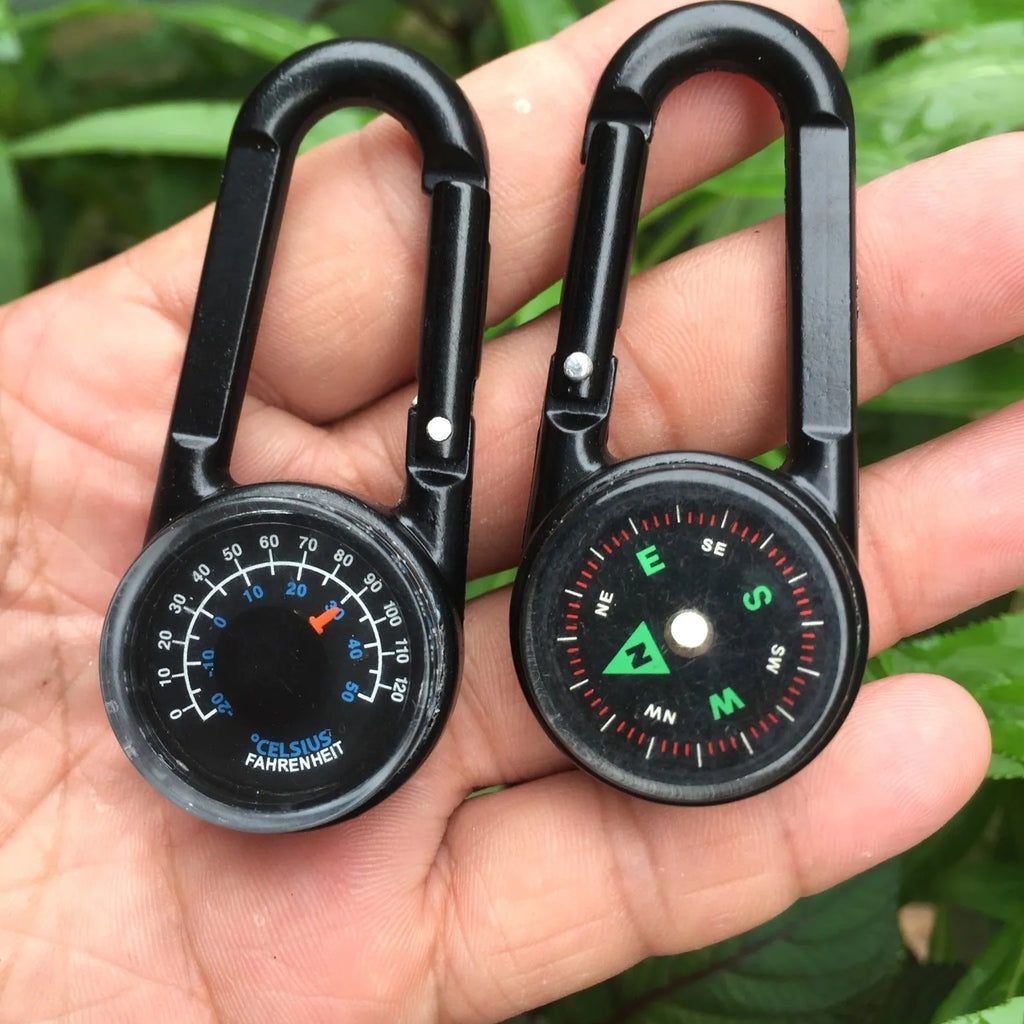 Black zinc alloy carabiner with liquid thermometer display and climbing button mechanism
