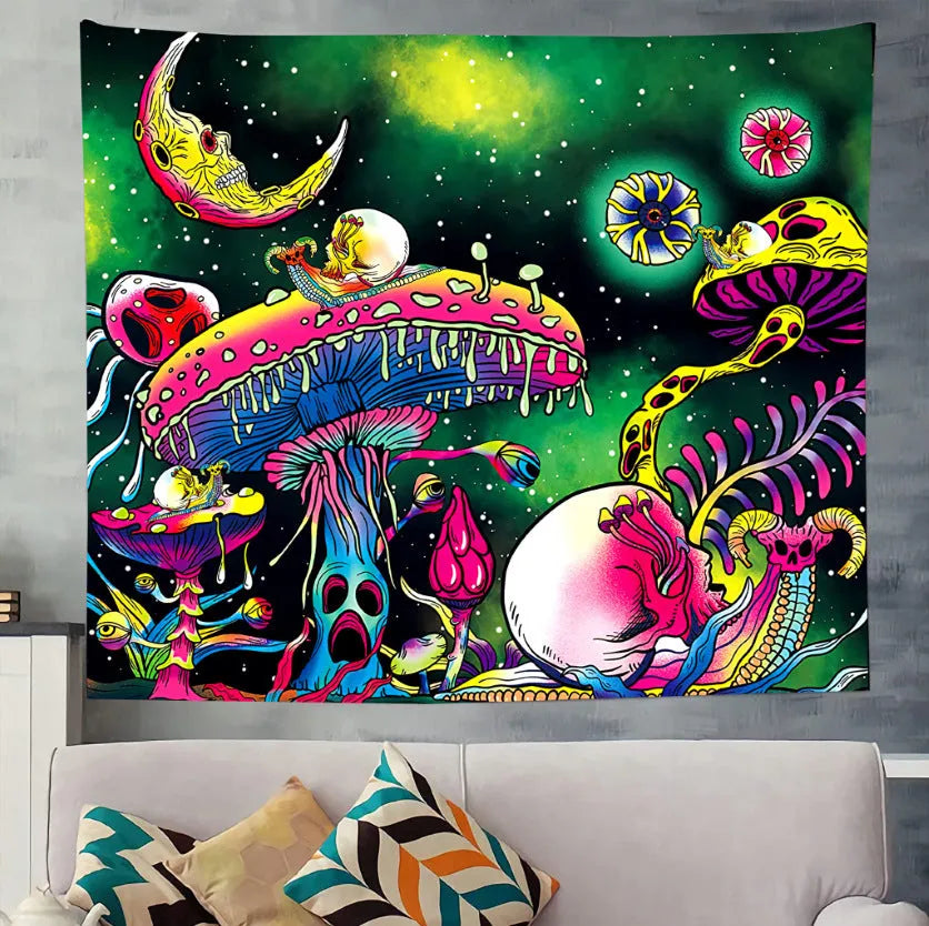 Polyester fibre home digital printing art wall tapestry in a living room, available in multiple sizes and colours