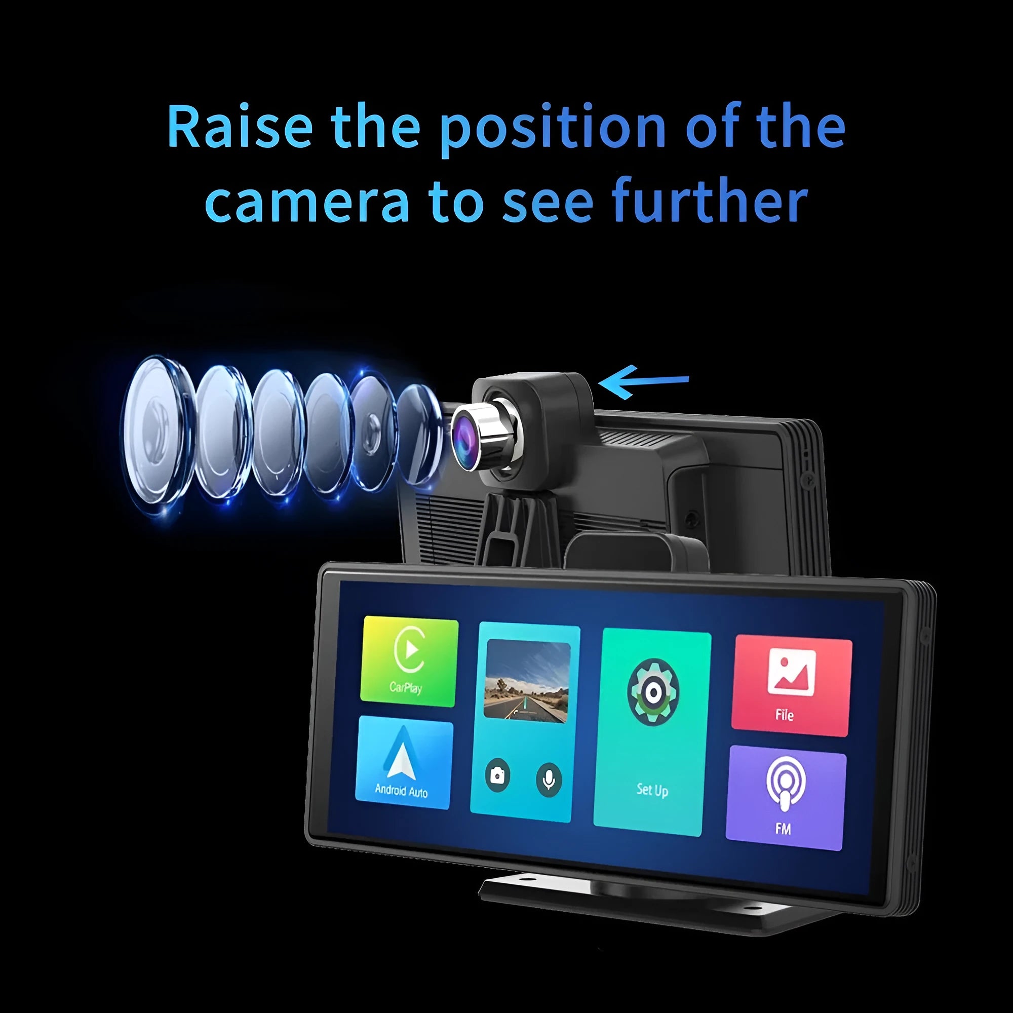 12-inch touchscreen car dash camera unit with front and rear recording cameras on dashboard