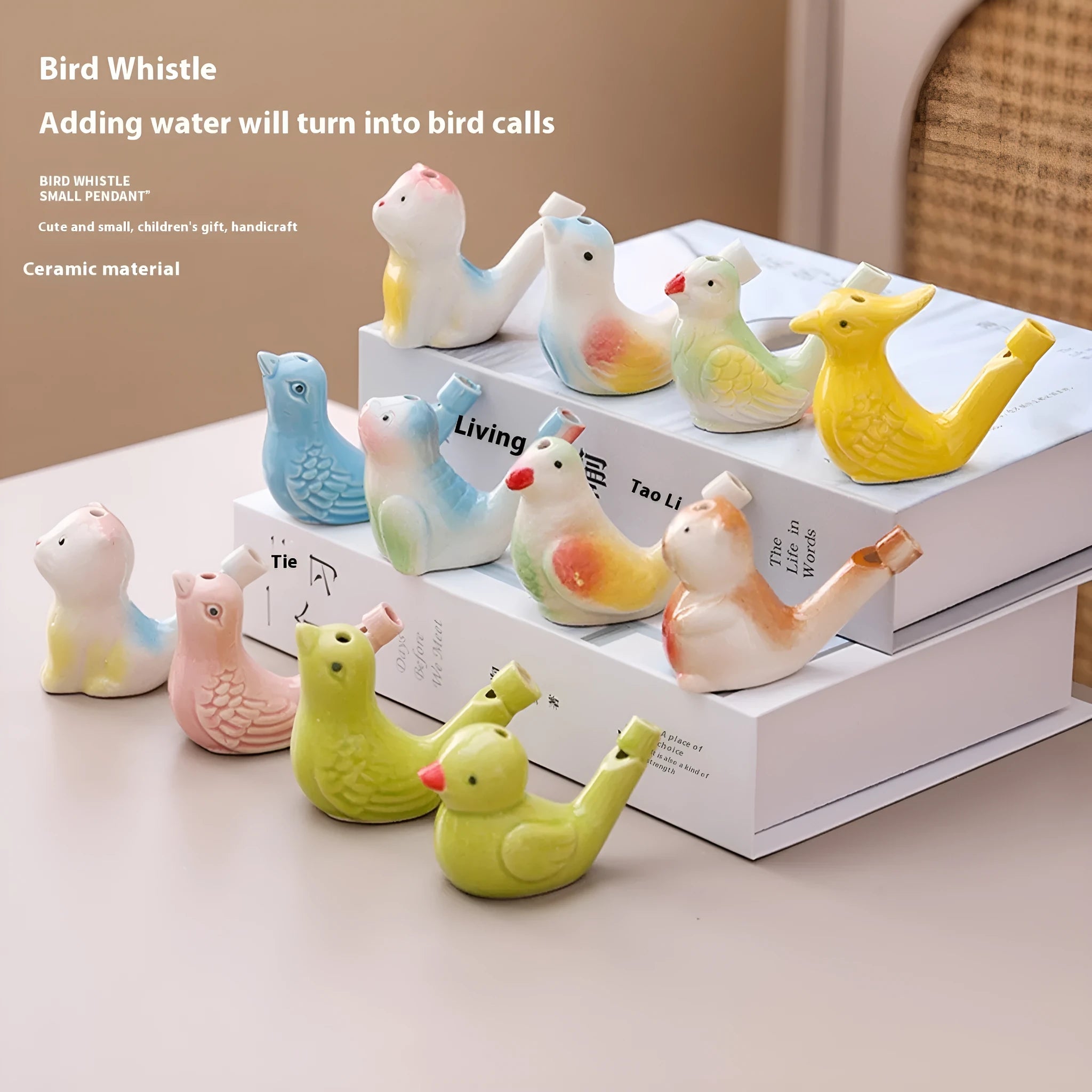 Chinese style white porcelain ceramic whistle with rope, random animal design, children's toy