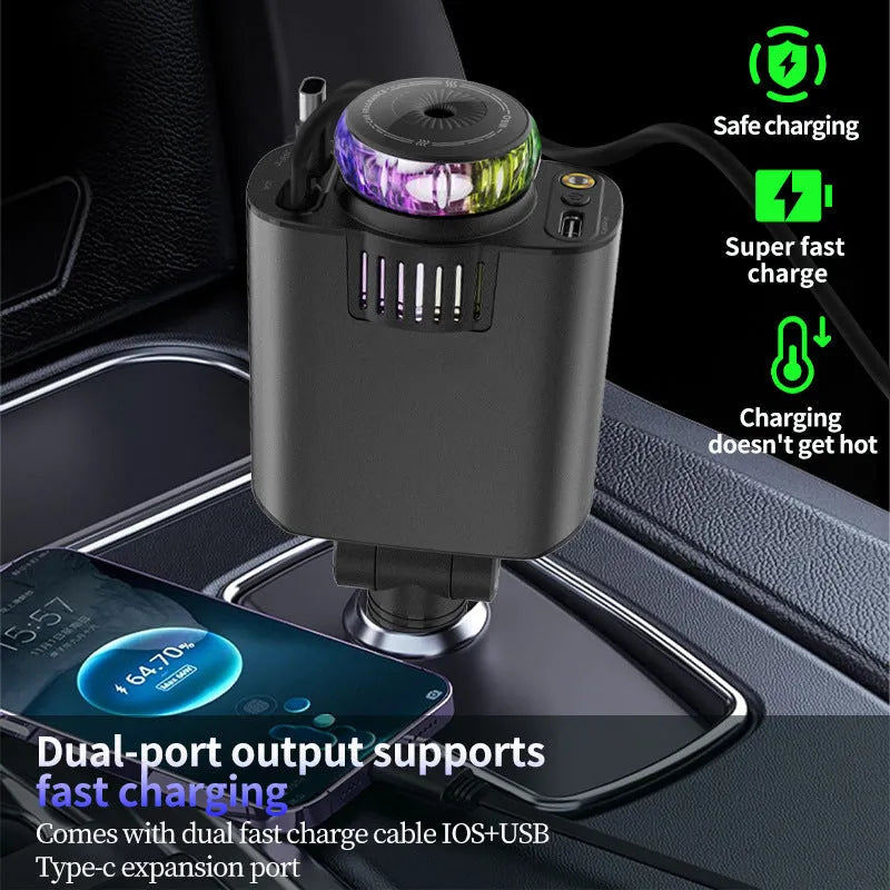 Black-purple multifunctional car phone charger with purple lamp, cigarette lighter plug, one-to-three stretch design, and fast charging.