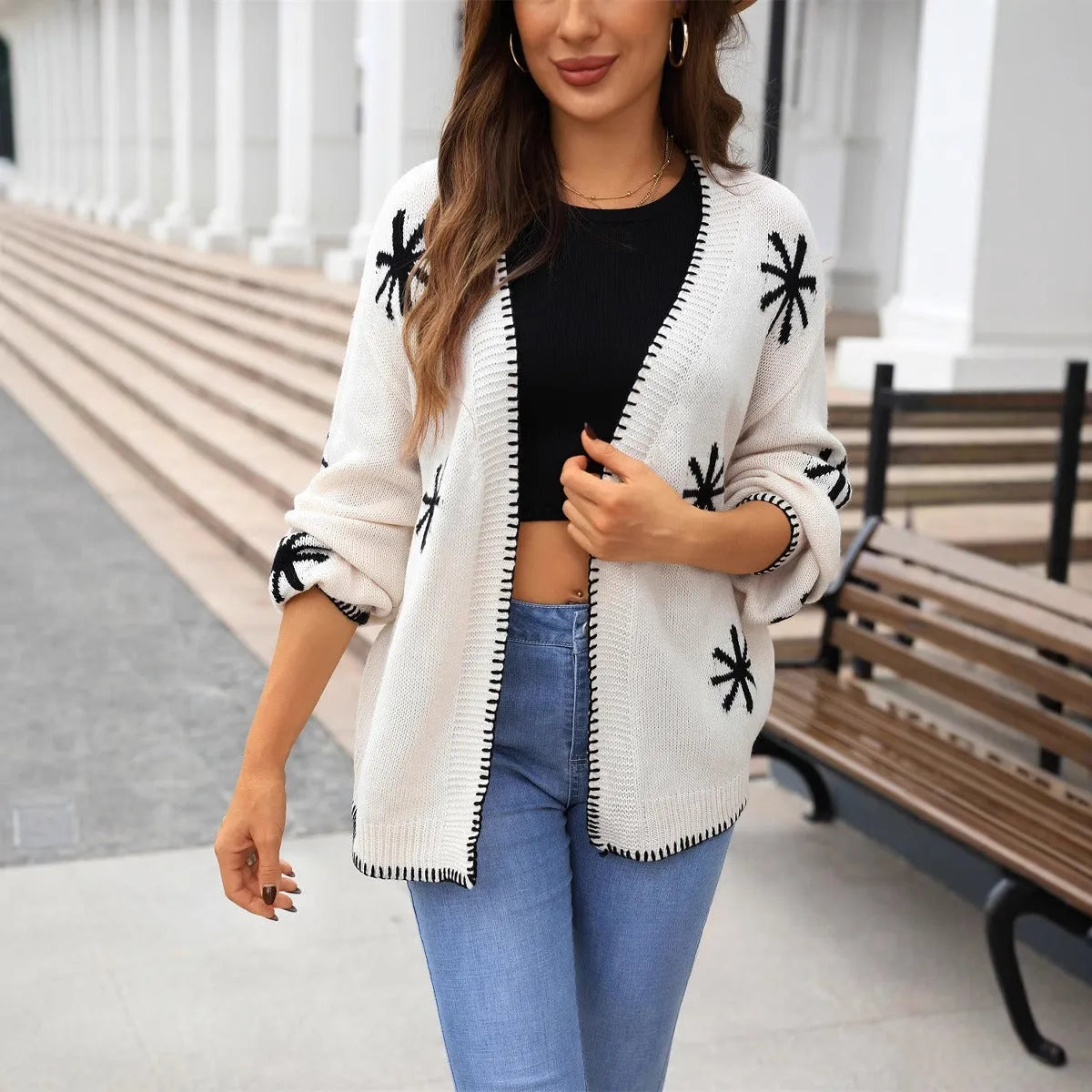 Women's jacquard floral pattern knitted coat cardigan in beige colour, loose fit plus size street fashion style