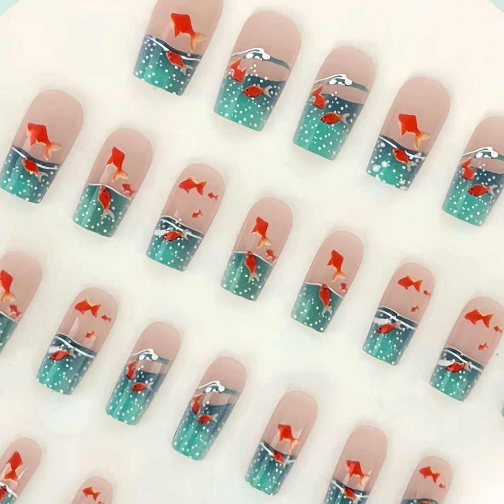 24-piece removable mid-square fake nail set with small goldfish pattern in Blue Glaze Jelly Glue style