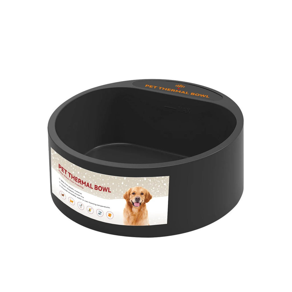 Black ABS plastic pet heating bowl with constant temperature function for cats and dogs.
