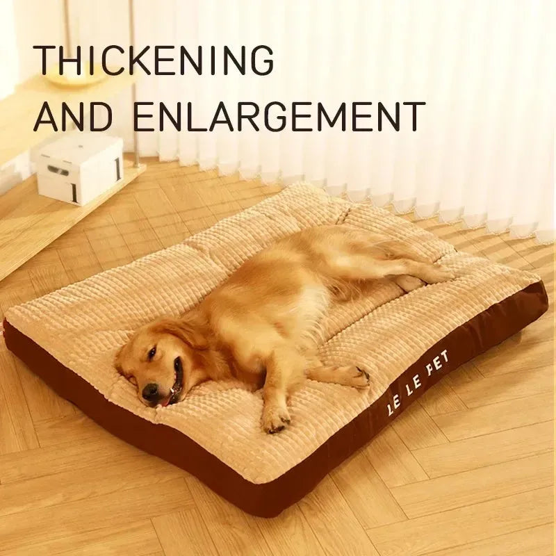 Warm dog bed with removable fleece blanket in coffee colour showing size options M XL XXL XXXL