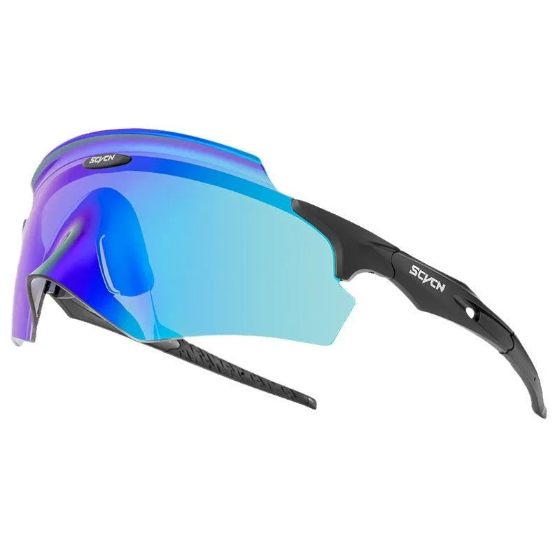 Frameless windproof sports goggles with a colourful single lens for athletic use.