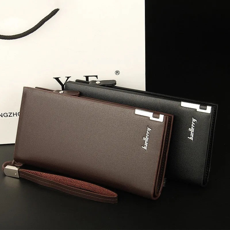 Men's long black PU leather zipper wallet open to show multiple card compartments.
