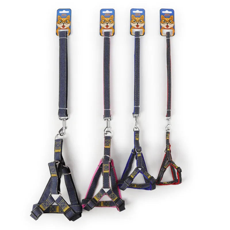 Pipitao denim dog leash with chest and back traction set, available in multiple colours and widths for dog walking