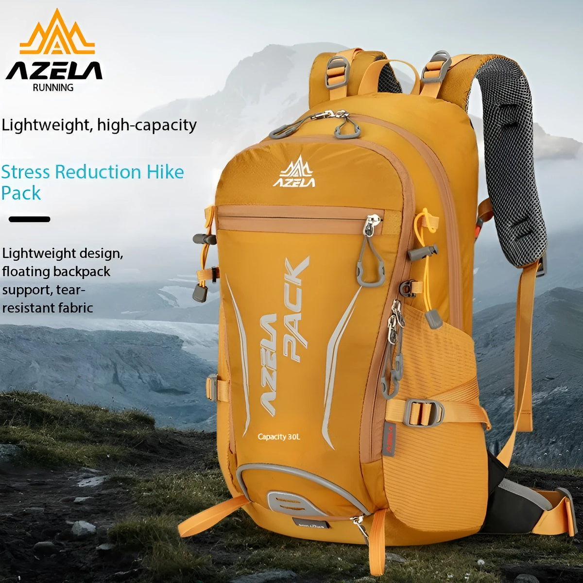AZELA 30 litre orange hiking backpack with multiple compartments for outdoor camping and trekking