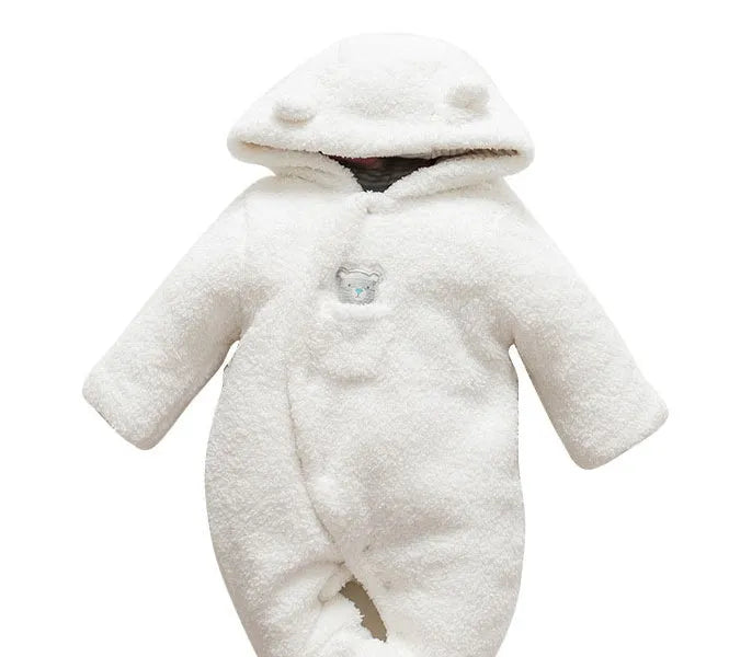 Brown cotton baby winter jumpsuit with covered feet and a front zipper.