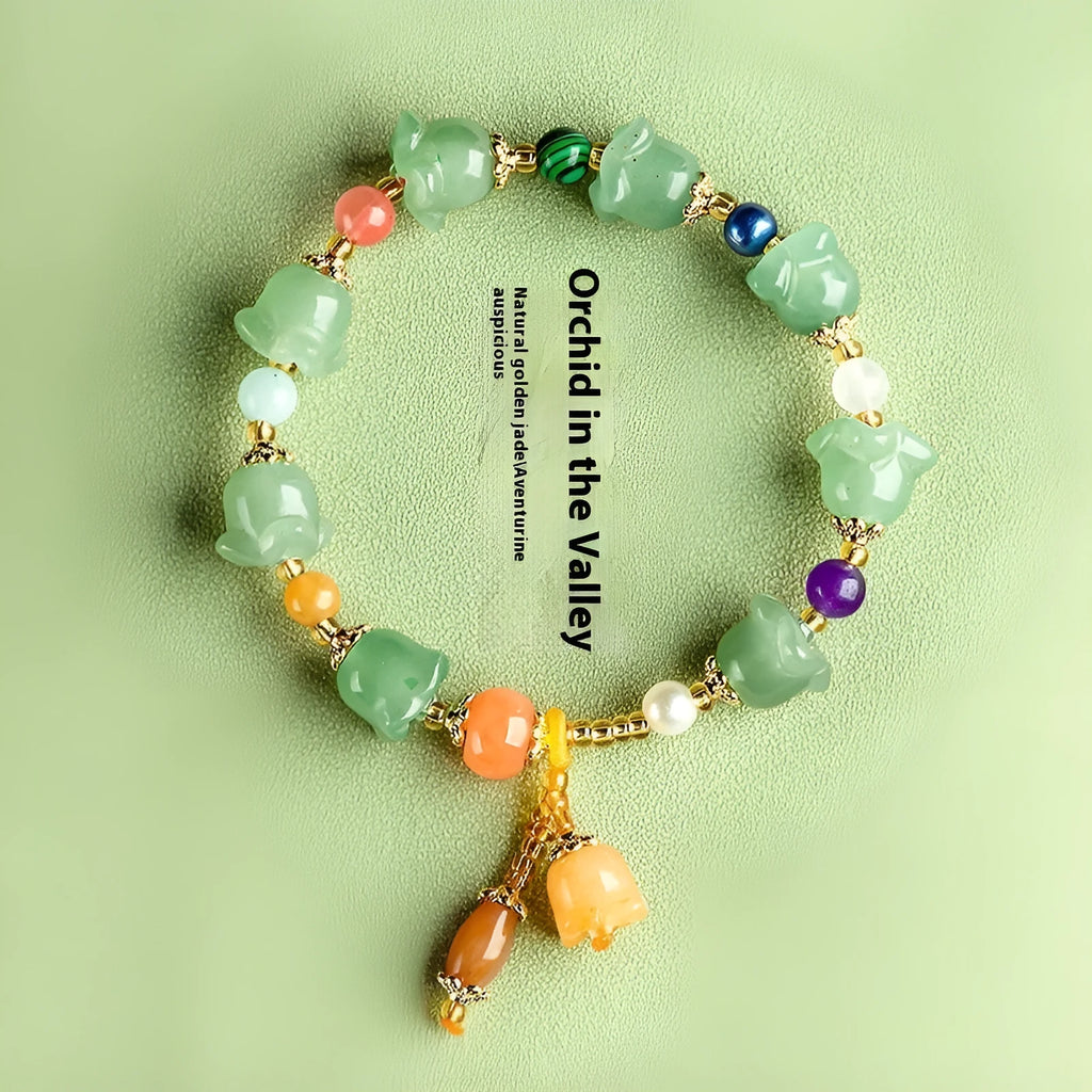 Natural Xinjiang jinsi jade bracelet with hand-carved aventurine orchid beads for women