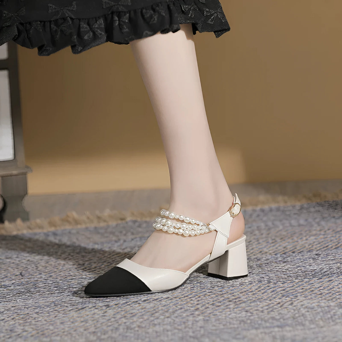 Pointed toe chunky heel sandals with buckle and pearl detail in black - women's plus size option