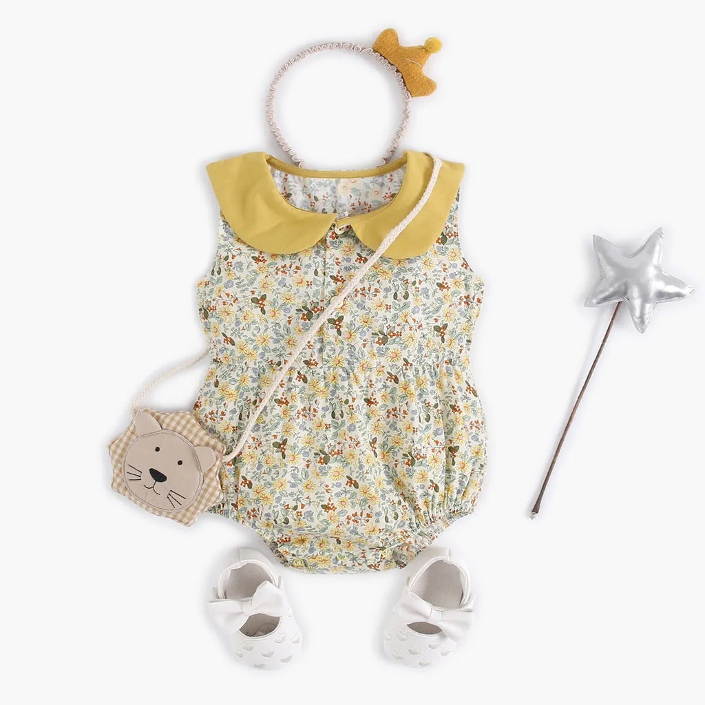 Yellow floral cotton baby romper with doll collar for girls, triangle jumpsuit style