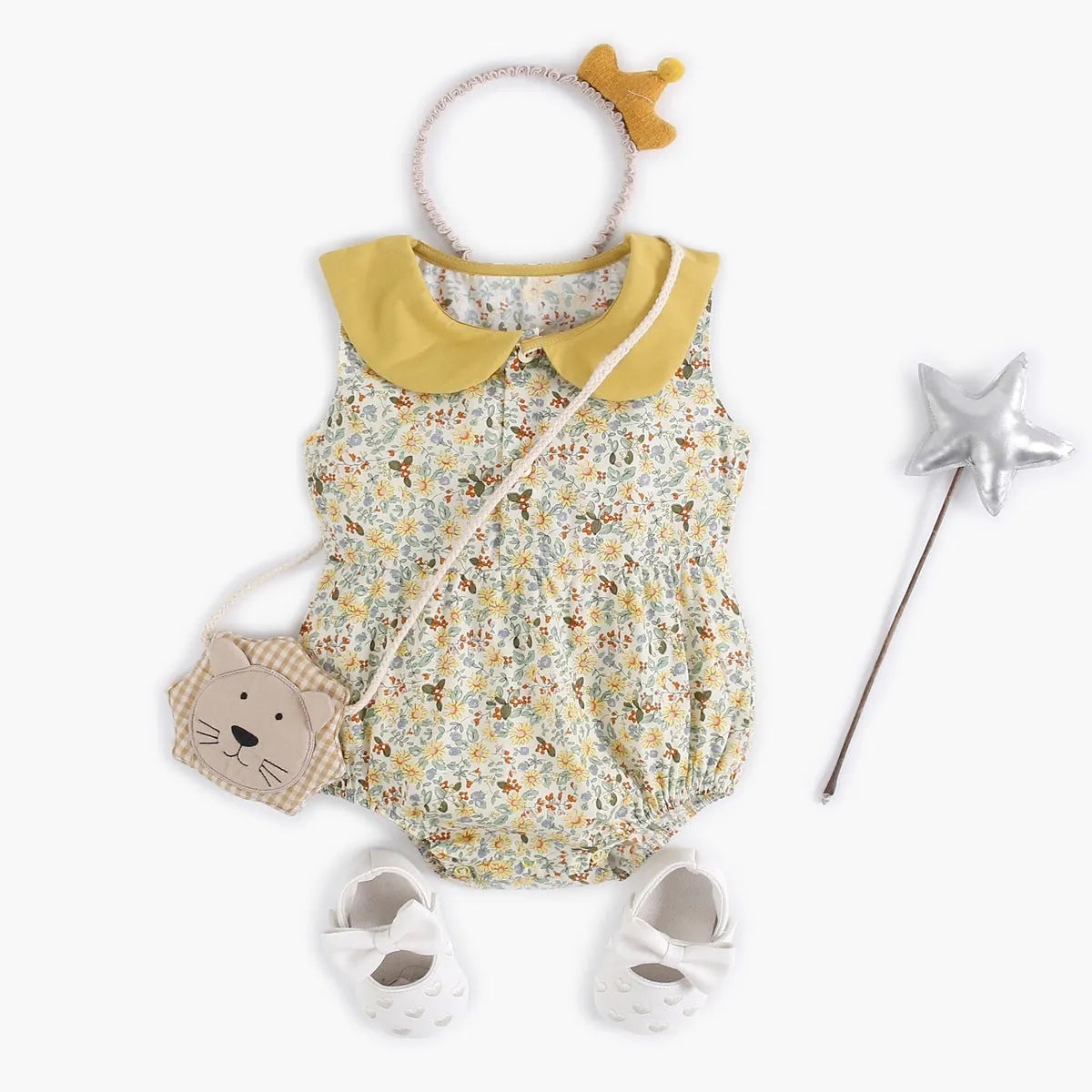 Yellow floral cotton baby romper with doll collar for girls, triangle jumpsuit style