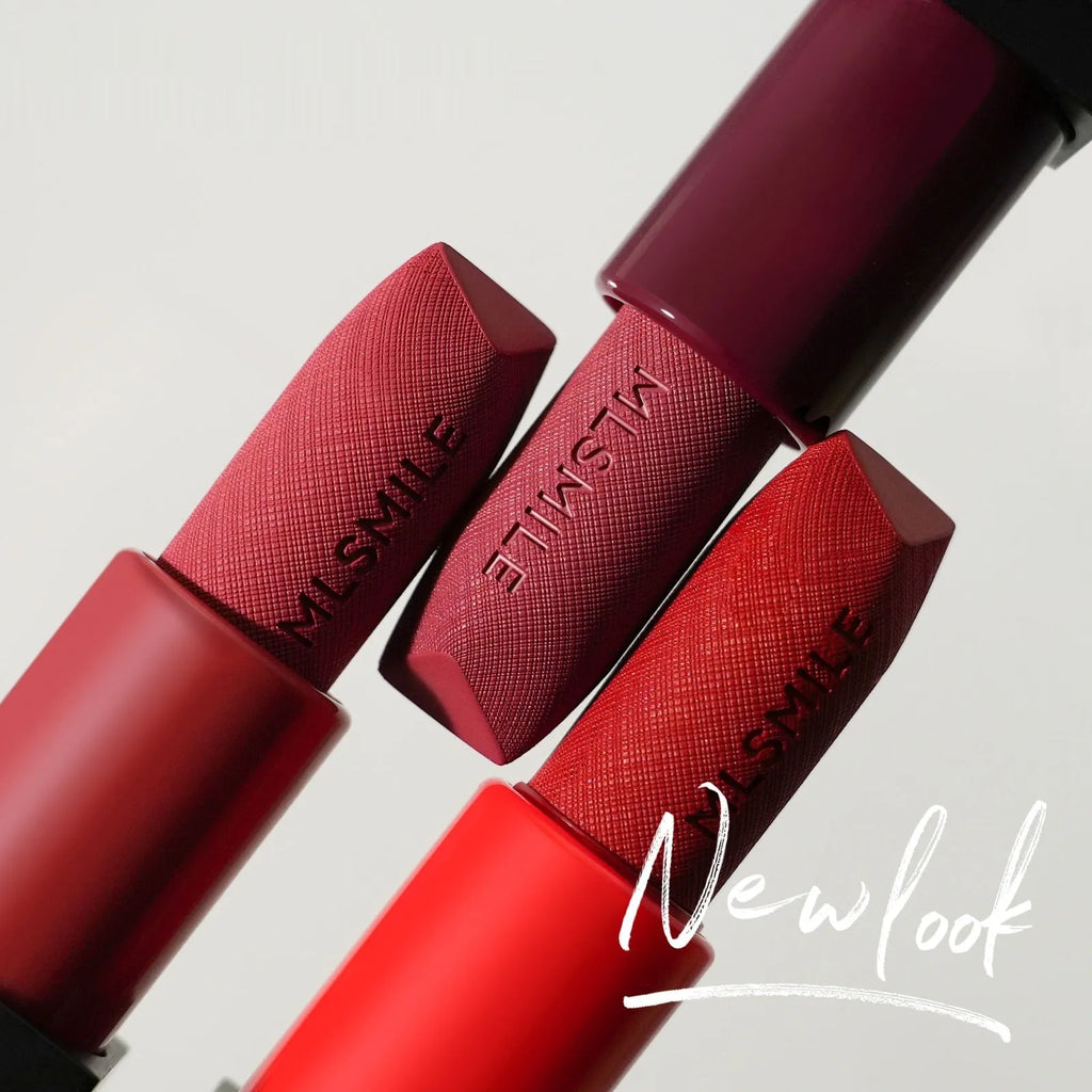 MLSMILE embossed lipstick three-piece set showing three lipstick bullets and packaging