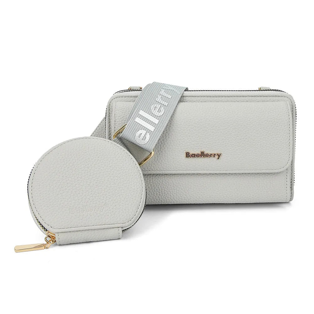 Two lychee-textured composite crossbody bags with letter print and small coin purse in pink and dark blue