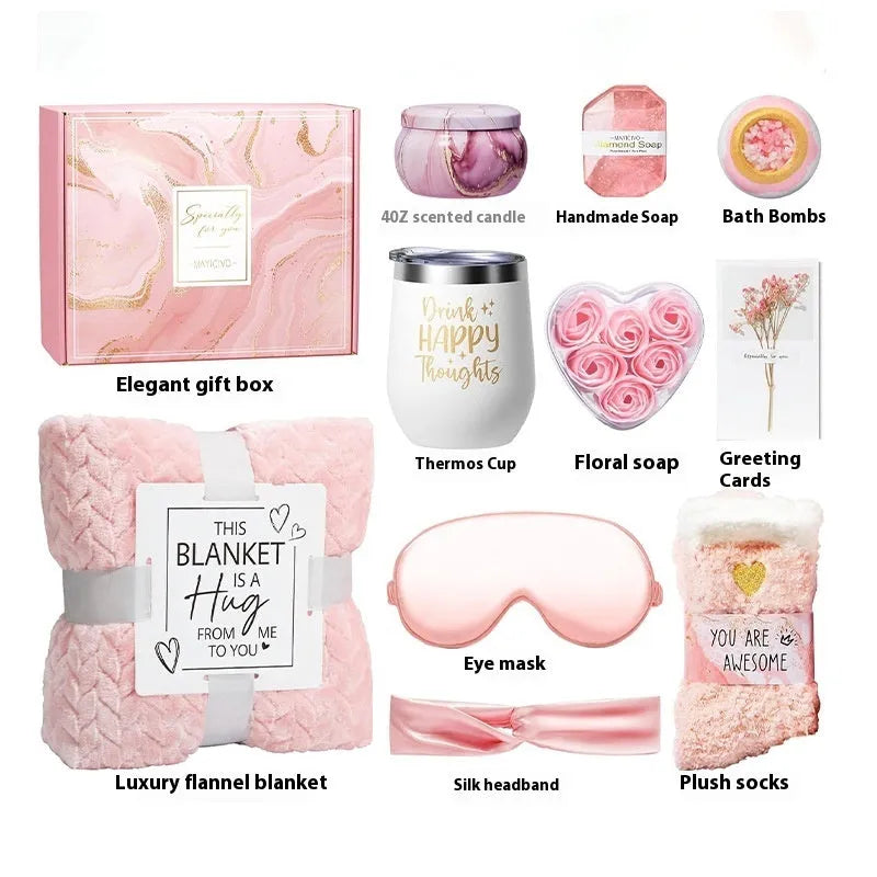 Aromatherapy gift set with candle, soap and bath products in modern plastic packaging