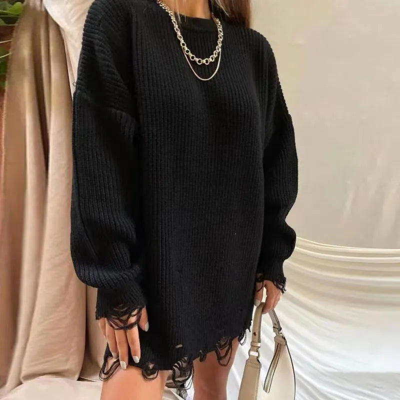 Loose hole knitted pullover sweater for women in solid colour Rose Red