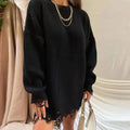 Loose hole knitted pullover sweater for women in solid colour Rose Red