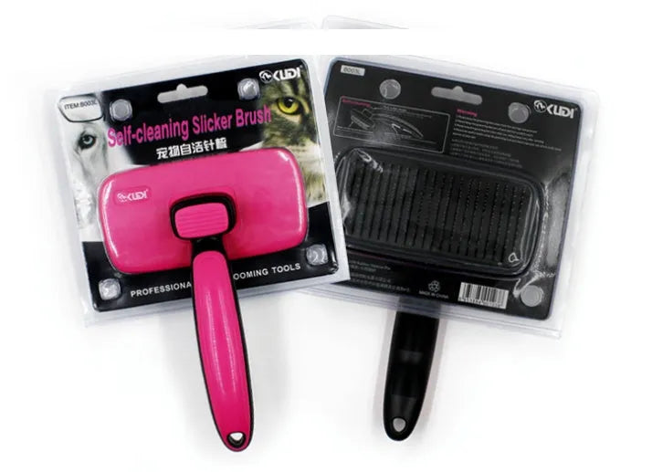 Rose red self-cleaning pet comb with stainless steel teeth and ergonomic handle for removing dog and cat hair