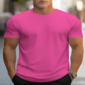 Men's loose fit short sleeve printed t-shirt in bird eye cloth, showing round neck and customised colour design.