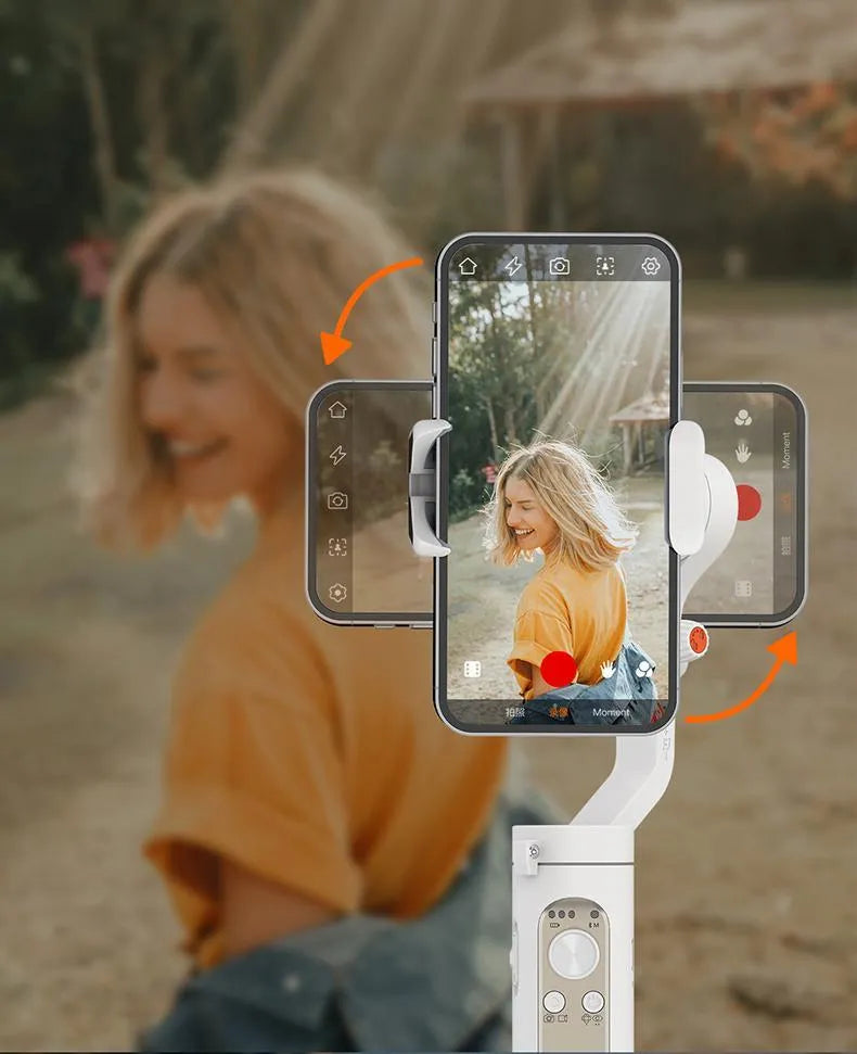 Black 3-axis smartphone stabilizer folded to 179mm size with USB port visible