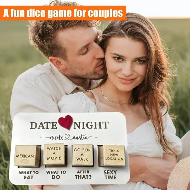 Wooden date night dice set with five natural wood dice on a rectangular planner board next to a black storage bag.