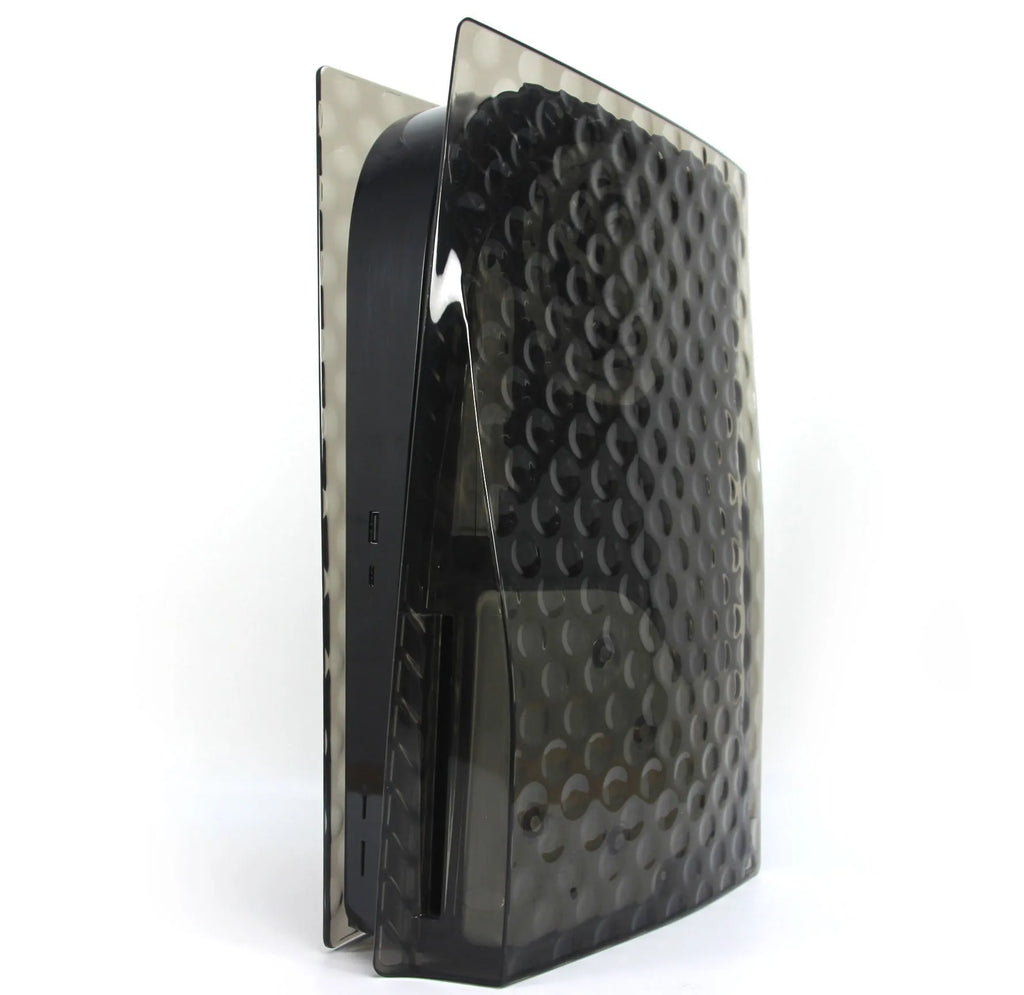 PS5 Disc Edition hard shell ABS console case in black, showing the protective cover fitted to the console
