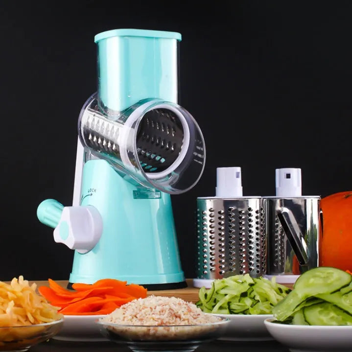 Manual round mandoline vegetable slicer with stainless steel blades in blue colour