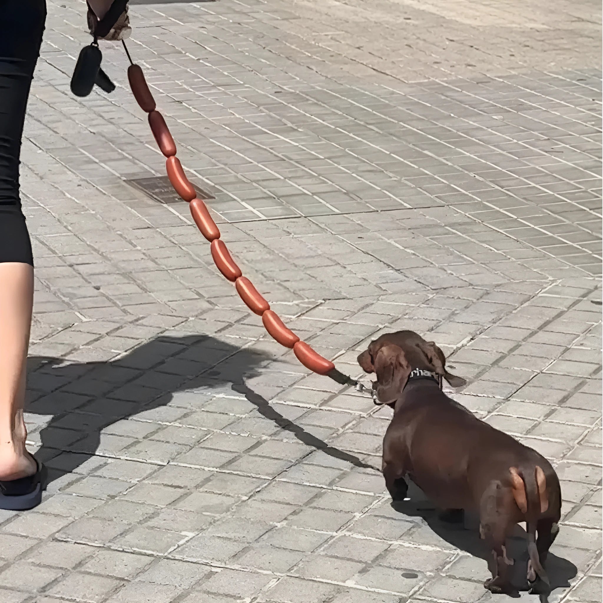 Brown pet training rope with multiple sausage sections and grip tape, measuring 108 cm in total length