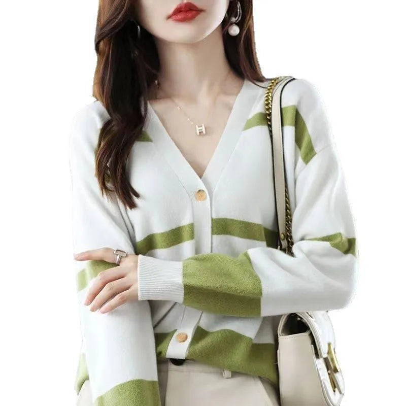 Women's V-neck knitted cardigan with 3D striped pattern in slim fit showing colour options