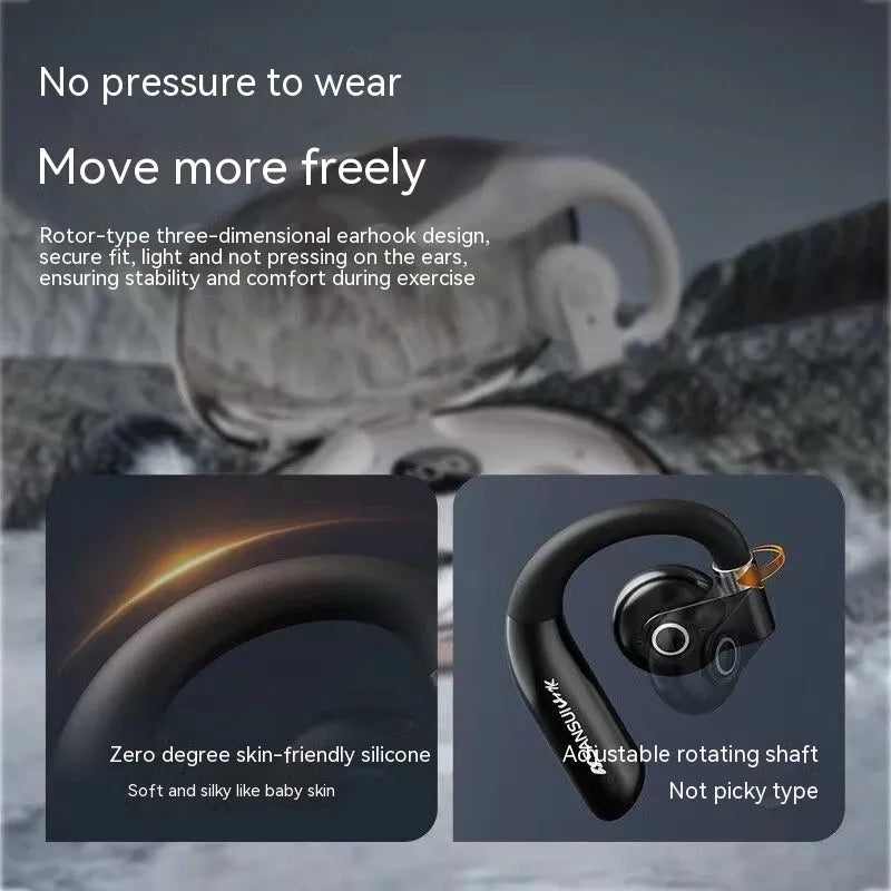 Black ear-mounted non-in-ear Bluetooth headset with charging case and cable