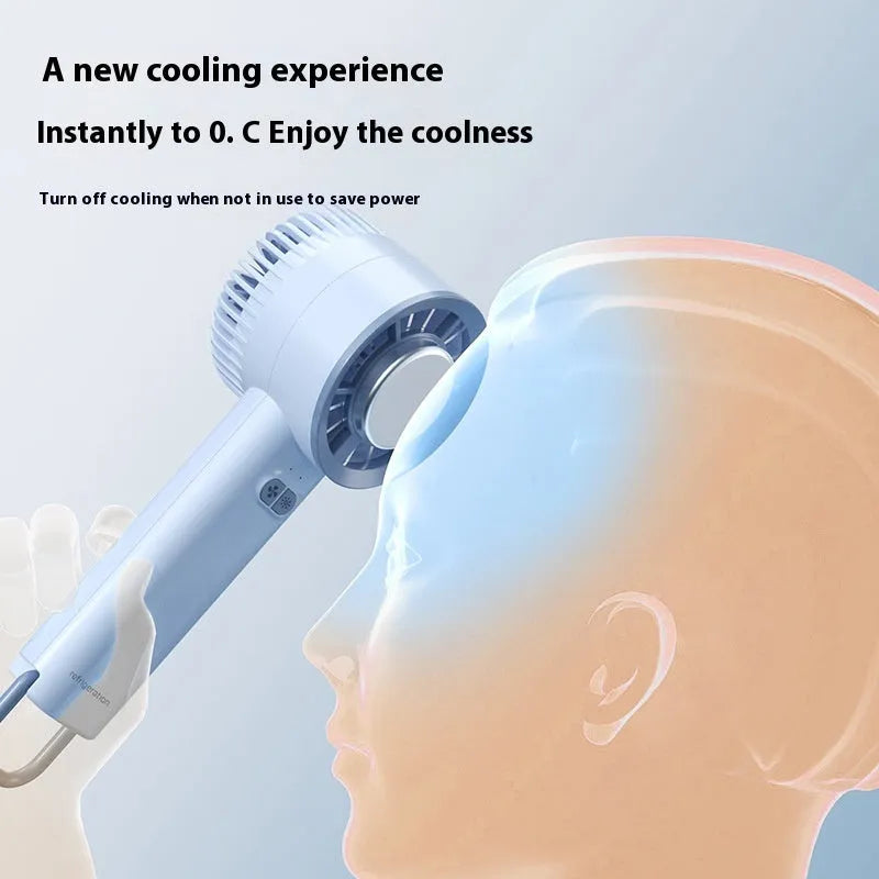 White handheld turbo jet fan with three blades, showing touch controls and compact portable design.