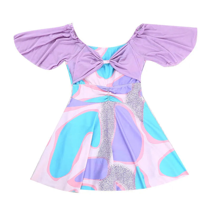 Women's floral high-waist one-piece swimsuit with bowknot detail in light purple or light blue