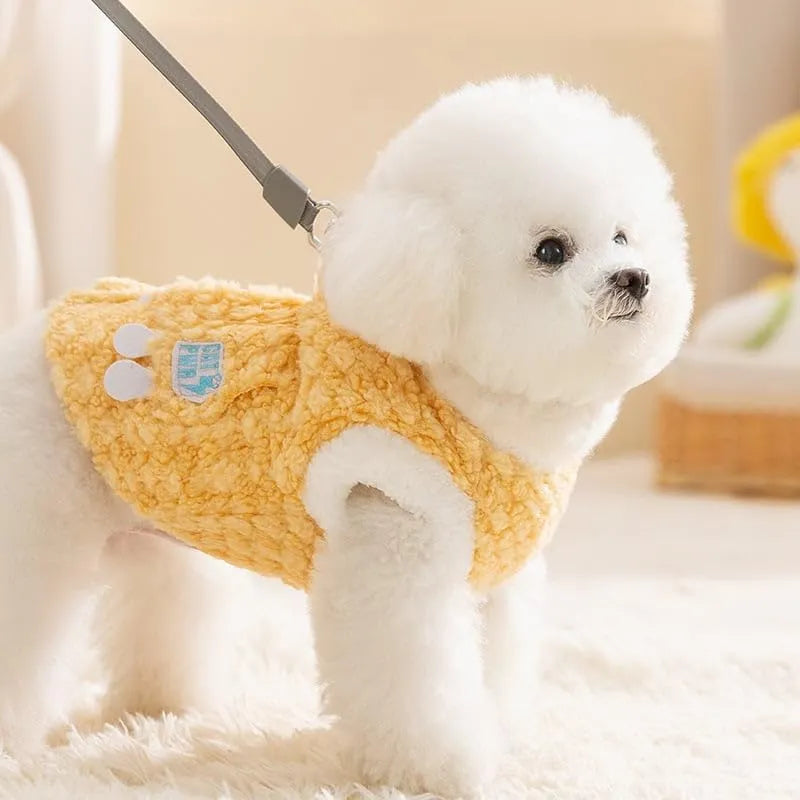 Grey winter dog coat with fleece lining, patches design, and D-ring for small medium dogs