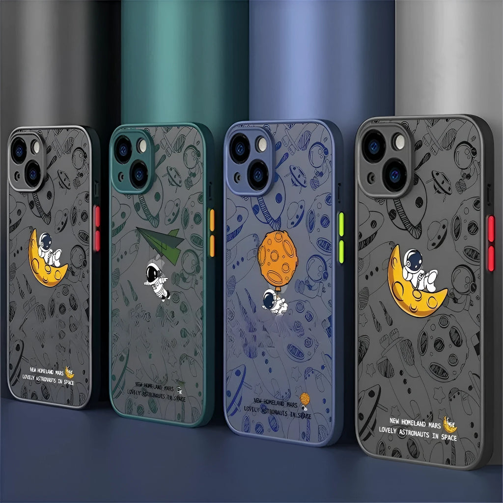 Astronaut moon cartoon iPhone TPU back cover in black, blue, dark night green or football colour