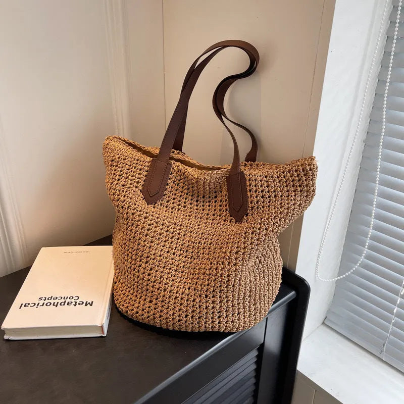 Woven paper straw shoulder bag square vertical with peach skin lining and double straps