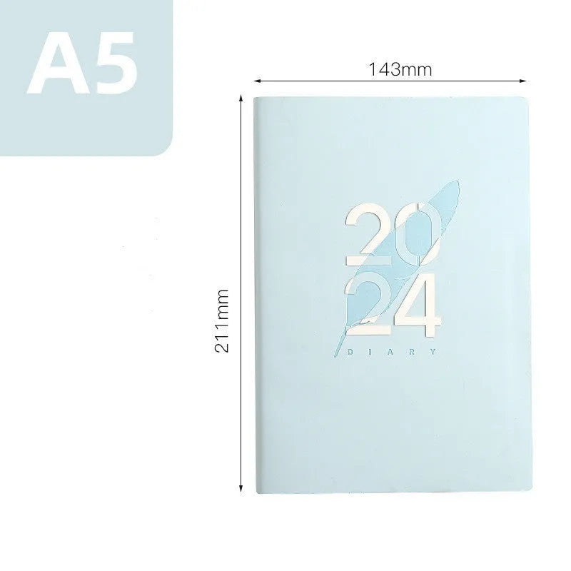 Imitation leather 2024 English schedule book in blue with 365 days daily planner, A5 size, thread stitching binding