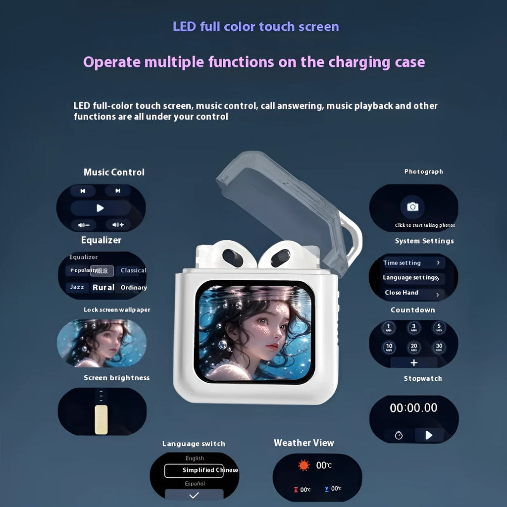 Grey and white active noise reduction Bluetooth headset with colour screen display