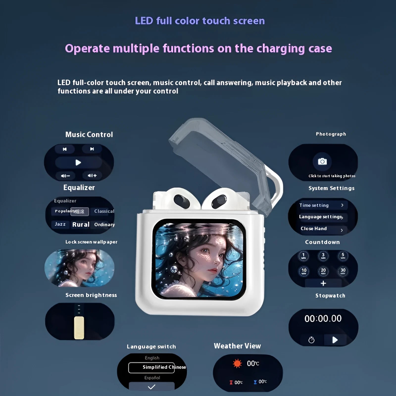 Grey and white active noise reduction Bluetooth headset with colour screen display