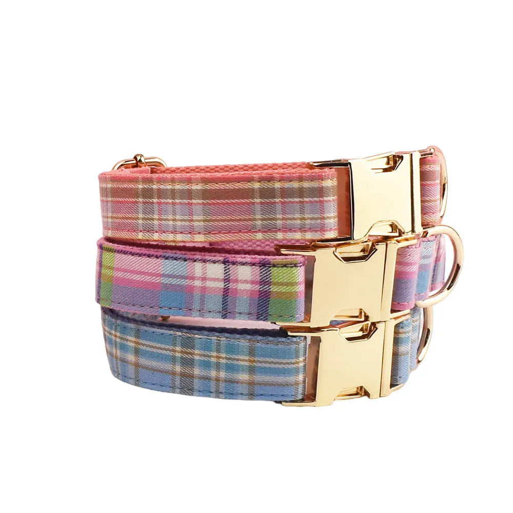 Plaid dog collar and leash set with bow and vest accessories in adjustable sizes