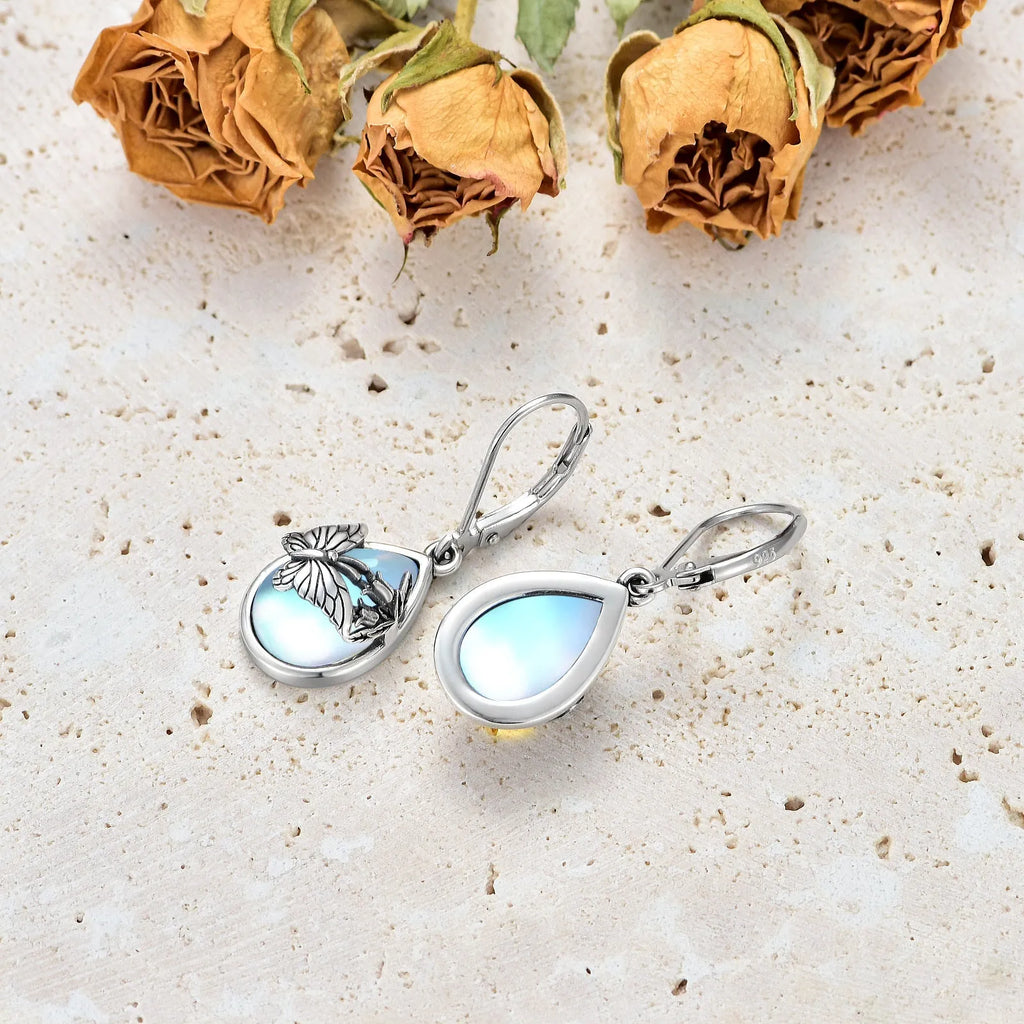 925 sterling silver butterfly moonstone leverback earrings for women, silver colour, on display