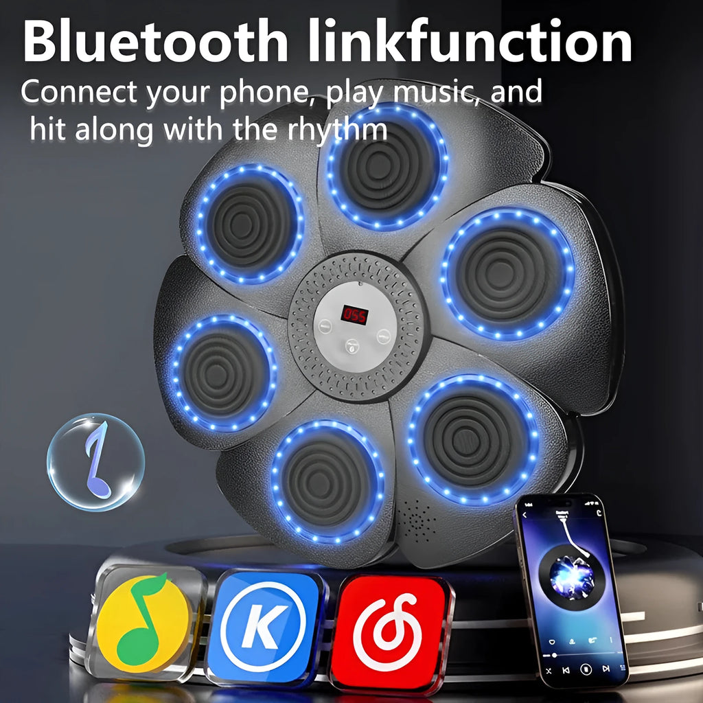 Black smart boxing target with lights and Bluetooth, includes half finger gloves