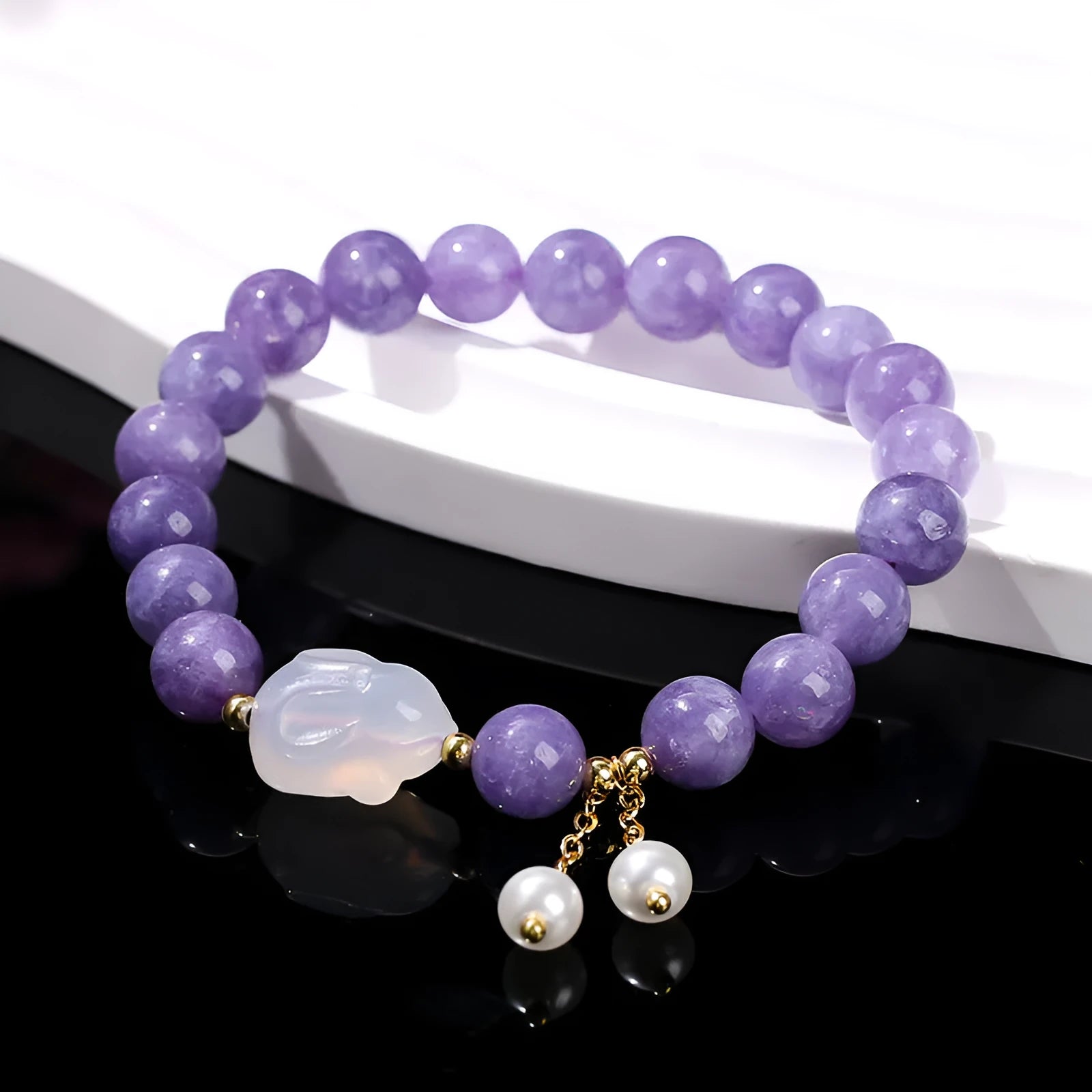 Purple aquamarine and agate rabbit bracelet with geometric beads for women