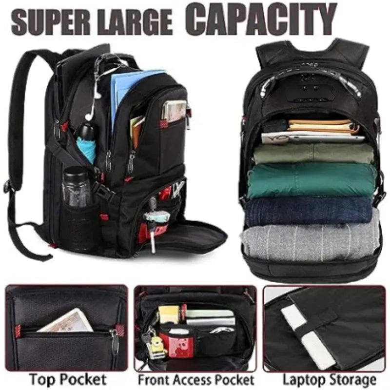 Large black waterproof Oxford cloth USB backpack with curved shoulder straps, shown open.