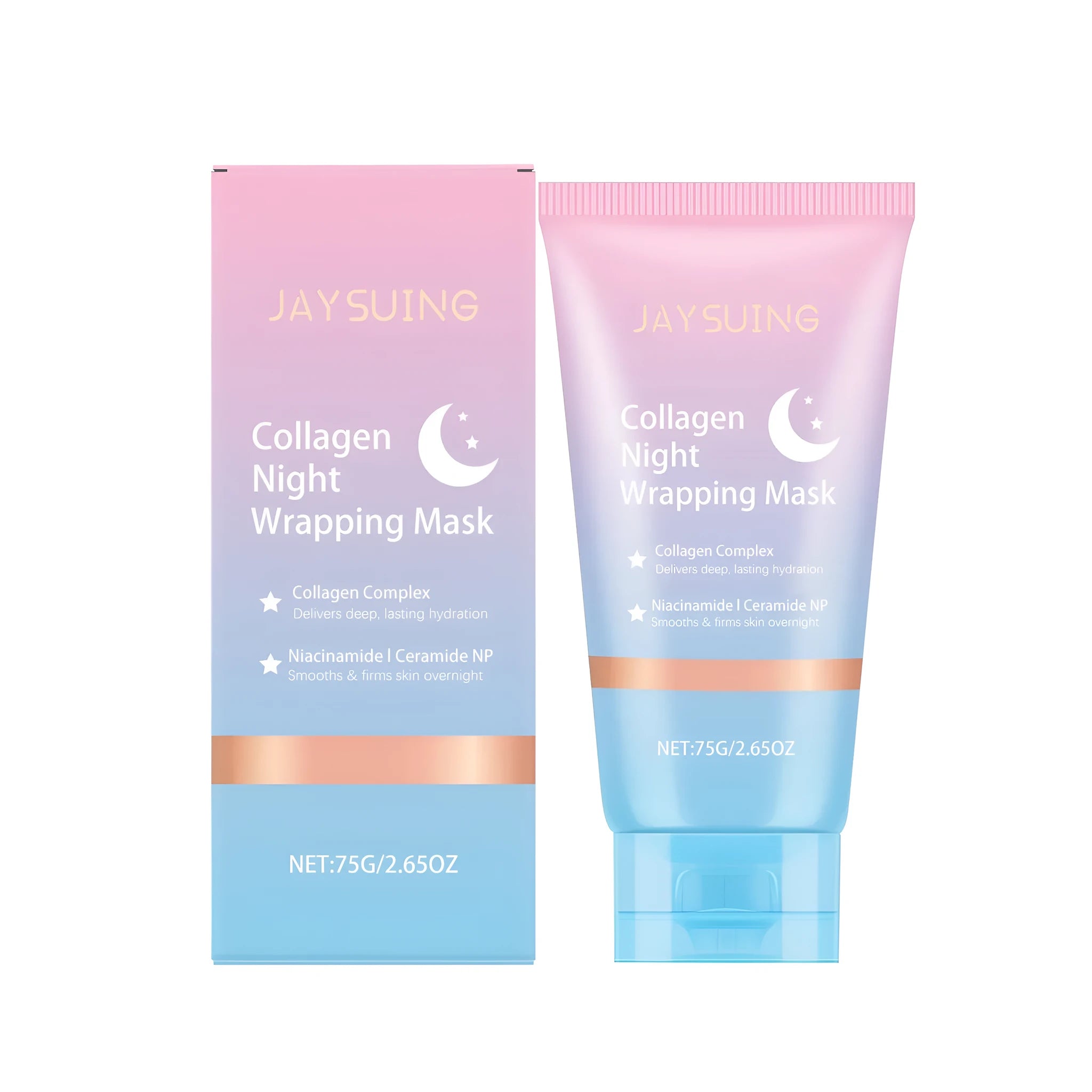 Jar of collagen night wrapping mask with a separate application brush on a white background.