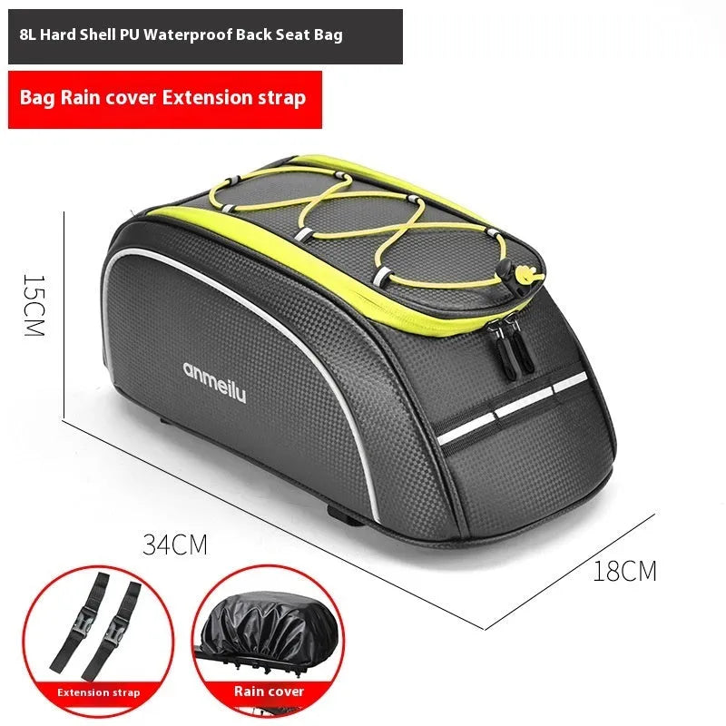 Black waterproof bicycle rear rack bag with 8L capacity mounted on bicycle