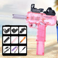 Electric children's water gun with transparent body showing water level, in blue colour with attached accessories.
